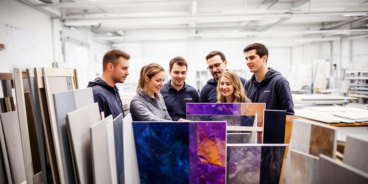 Team von ChromaStone in Zürich bei der Begutachtung farbiger Wandpaneele in einer hellen Produktionsumgebung
