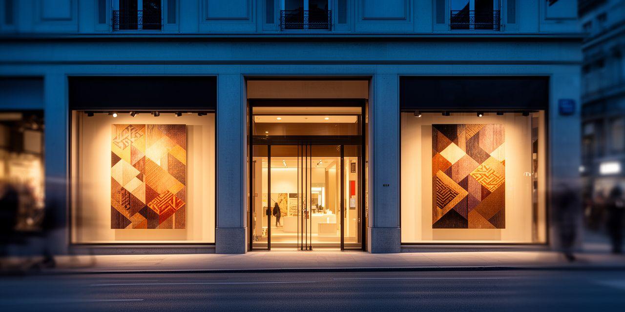 Aussenansicht eines modernen Showroom-Eingangs in Zürich mit grossen Paneelmustern und warmer Abendbeleuchtung