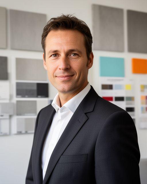 Jaquier Stgier im Zürcher Büro vor einer Materialwand mit Farbmustern und Planunterlagen